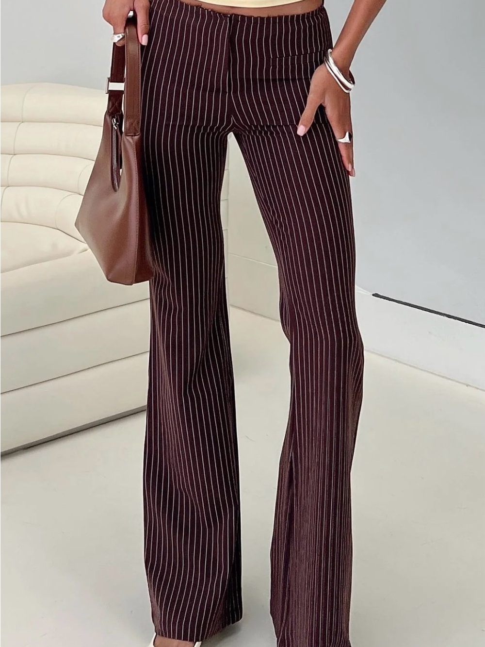 Polly Princess Brown White Striped Flare Pants Size 2 Y2K